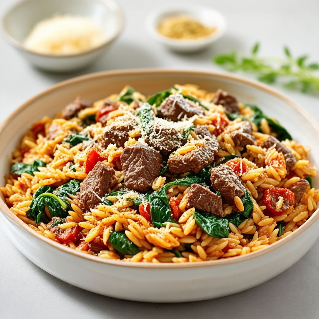 Mediterranes Rindfleisch und Spinat Orzo Vergnügen