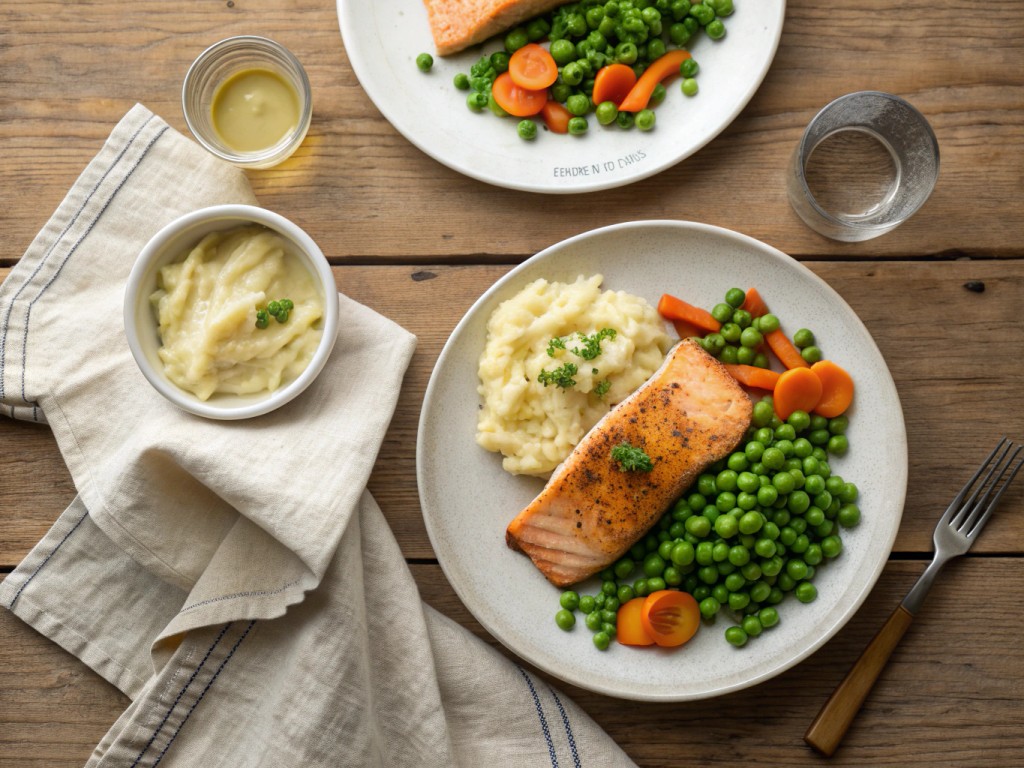 Lachs mit Kartoffelpüree und Erbsen‑Möhren‑Gemüse