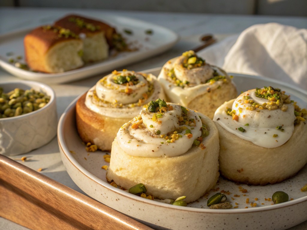 Lockere Pistazien‑Heferollen mit Orangen‑Frischkäse‑Frosting