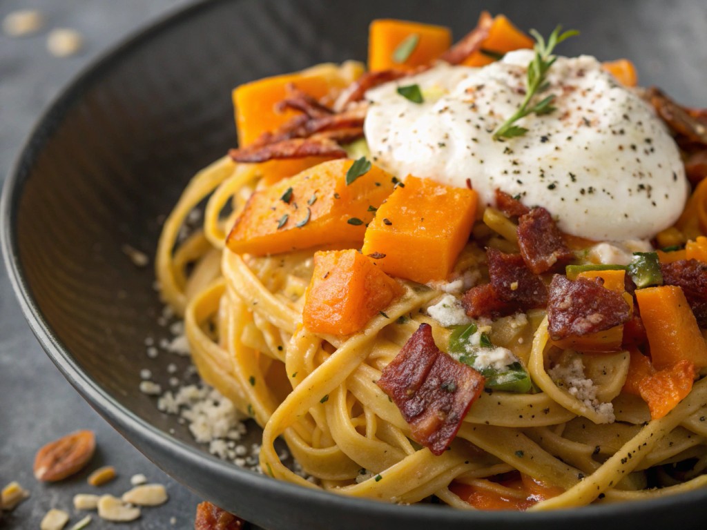 Kürbis‑Bandnudeln à la Carbonara