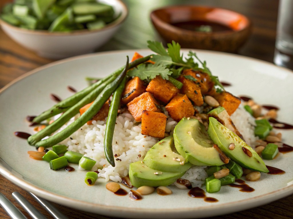Kokosreis mit gebackenen Süßkartoffeln, Bohnen, Avocado und Gurkensalat