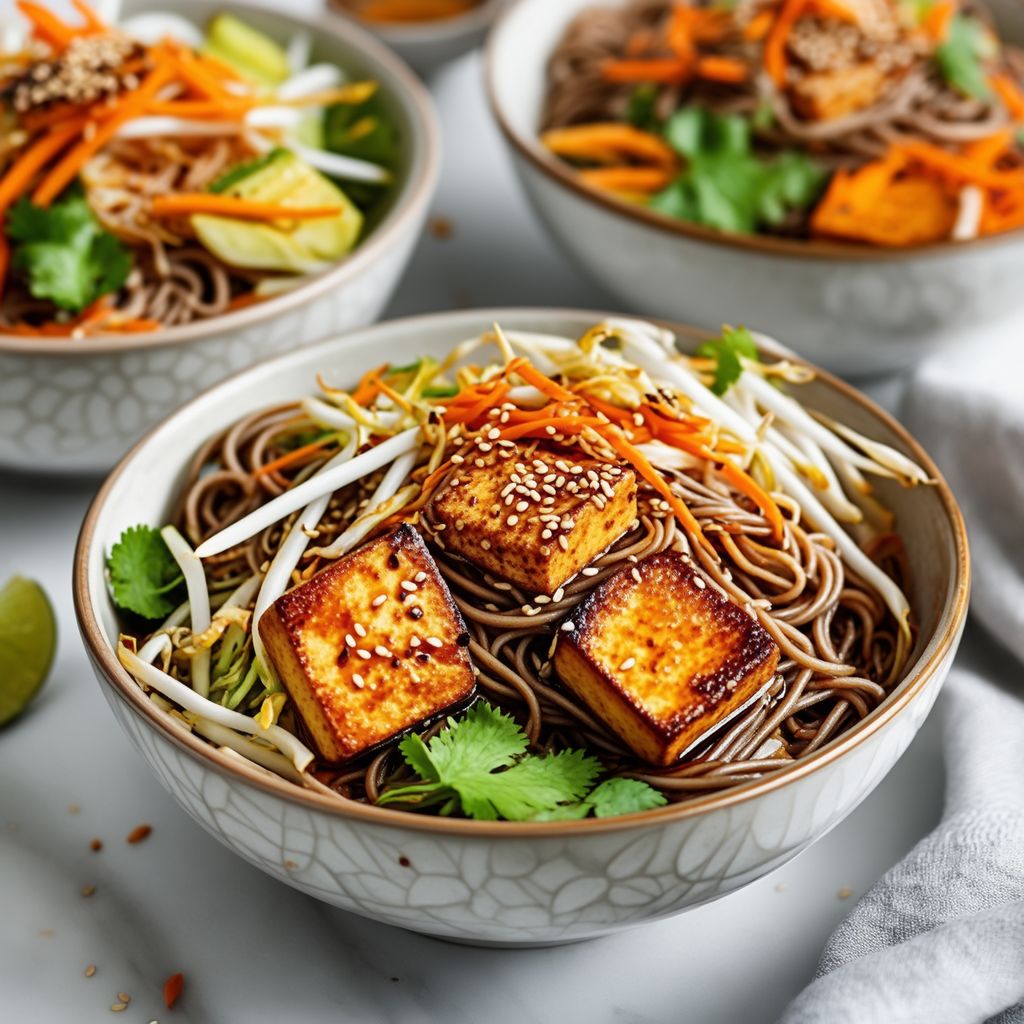 Asiatisch inspirierte Soba-Nudelschüssel mit Tofu und Gemüse