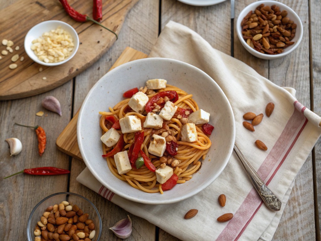 Seidige rote Paprika Pasta mit Tofu‑Feta