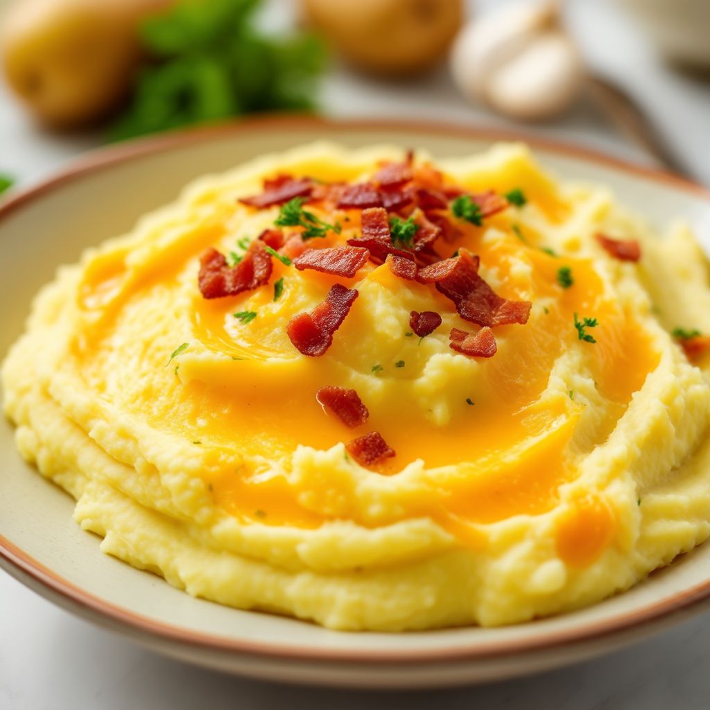 Cremige Kartoffelpüree mit Speck und Kräutern