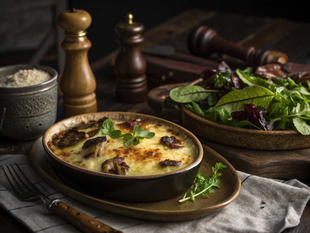Kartoffel‑Gratin mit Feldsalat