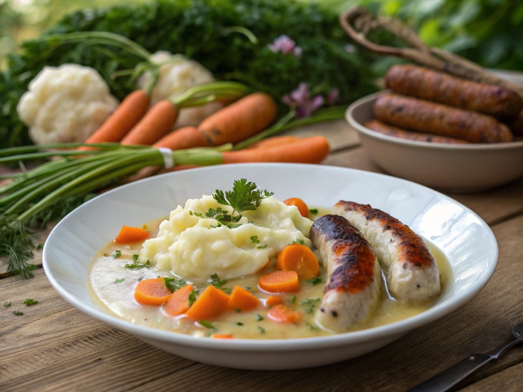 Kohlrabi‑Karotten‑Gemüse in heller Soße mit Kartoffelpüree und Bratwurst