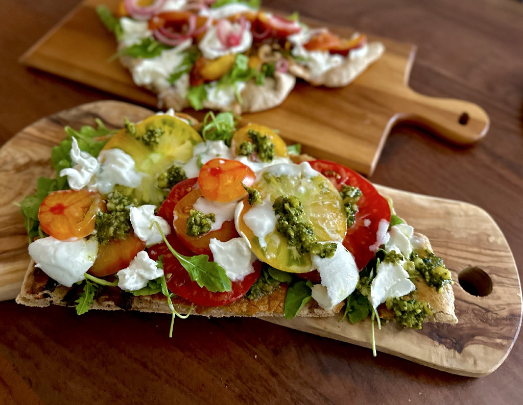 Sourdough Flatbread from the Grill with Burrata, Spicy Honey, and Pesto