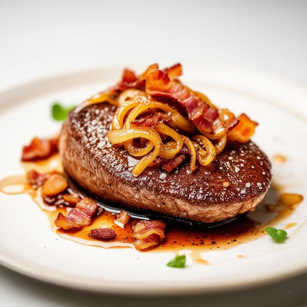 In der Pfanne gebratenes Kalbsleber mit karamellisierten Zwiebeln und knusprigem Speck