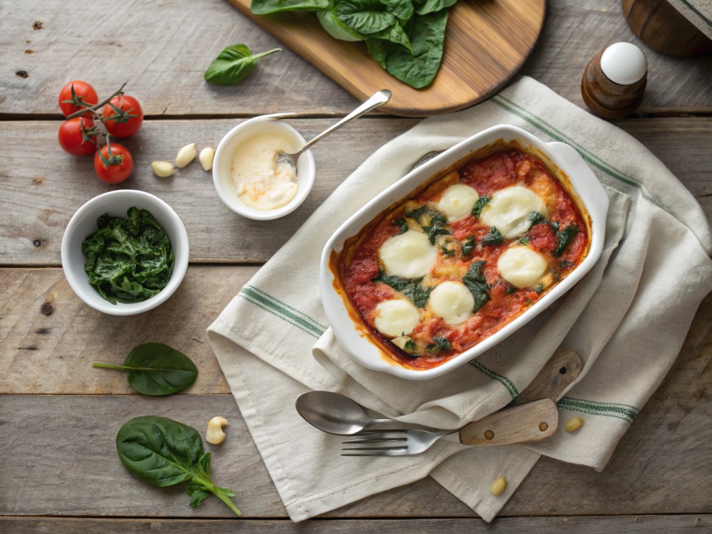 Maultaschen-Auflauf mit Spinat und Tomatensoße