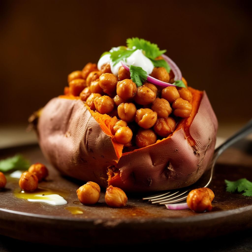 Gebackene Süßkartoffel mit Tandoori-Kichererbsen