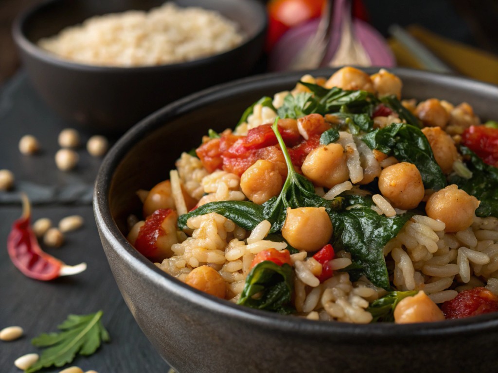 Kichererbsen‑Stew mit Spinat und Reis