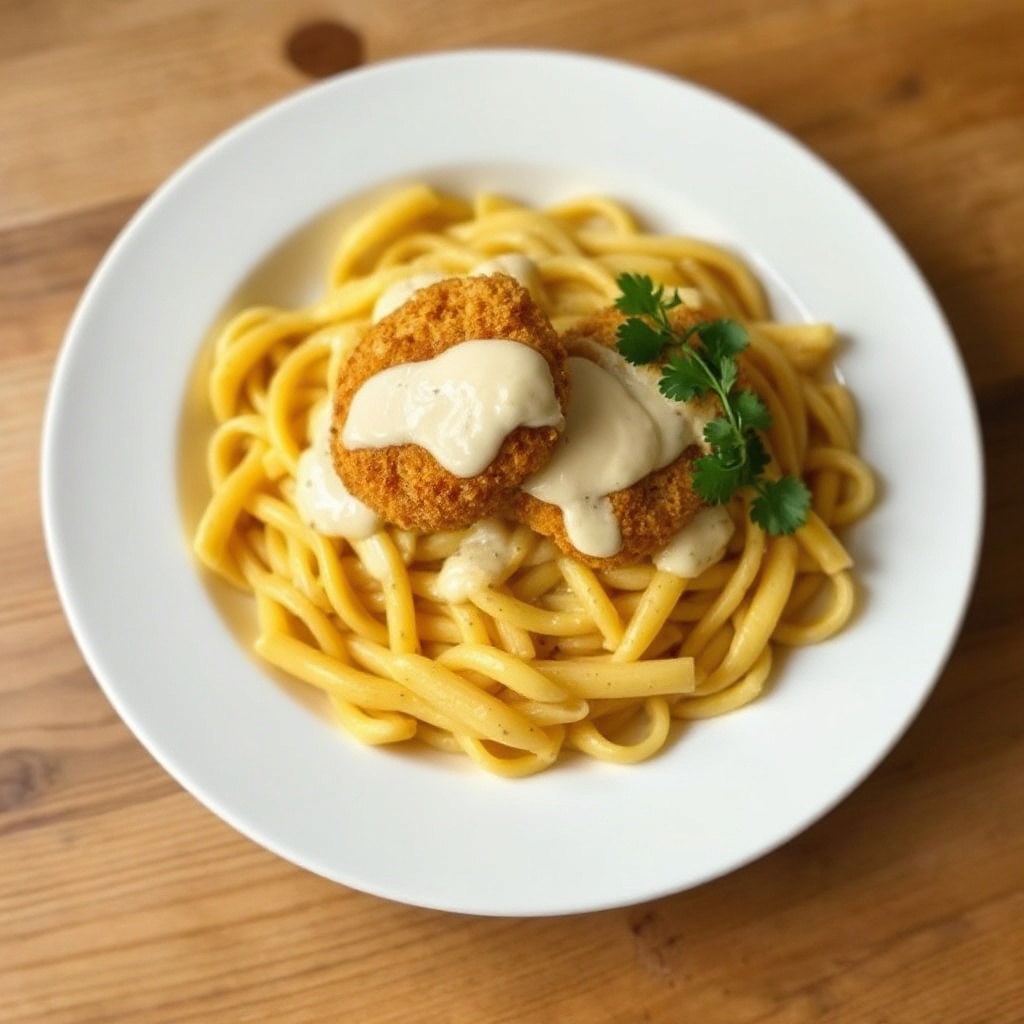 Selbstgemachte Hähnchen-Nuggets auf cremiger Curry-Lauch-Pasta