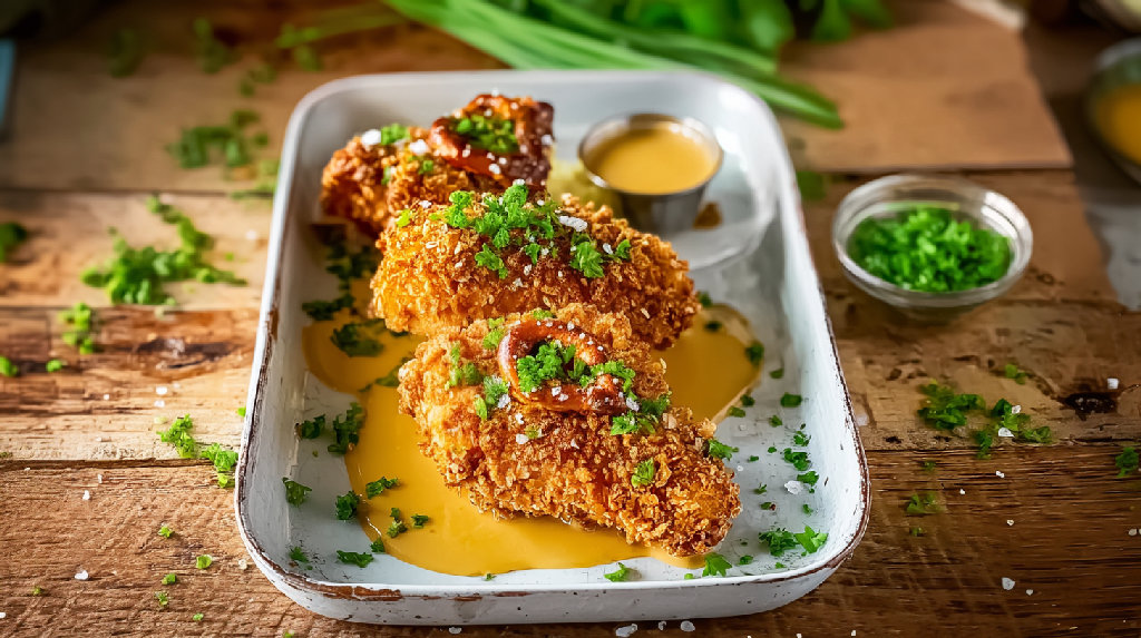 Hähnchen mit Brezelkruste und Honig‑Senf‑Soße