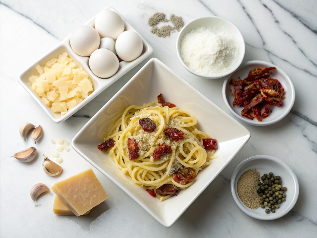 Vegetarische Carbonara mit getrockneten Tomaten