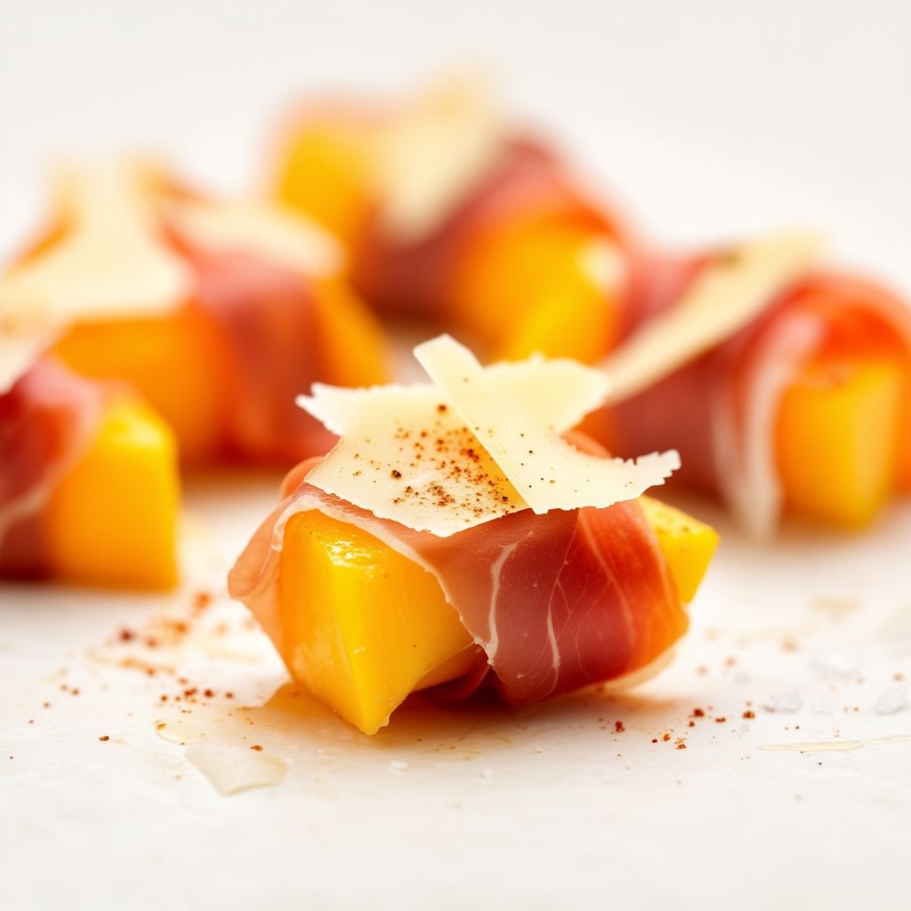 Mit Prosciutto umwickelte Mango-Häppchen mit Käse-Spänen
