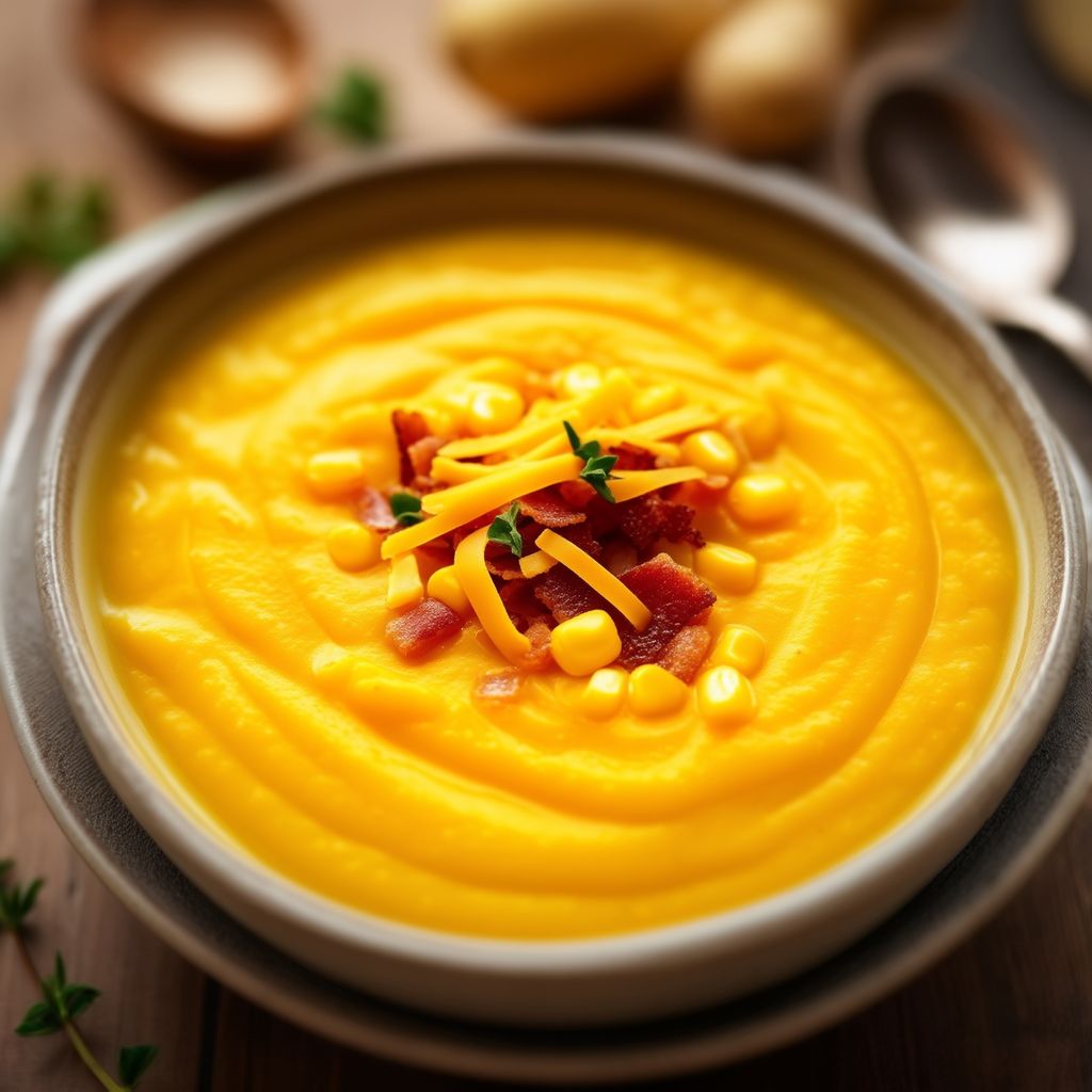 Zuppa Cremosa di Patate, Formaggio Cheddar e Mais