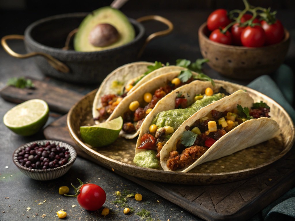 Pita‑Tacos mit Tempeh, Bohnen und Guacamole