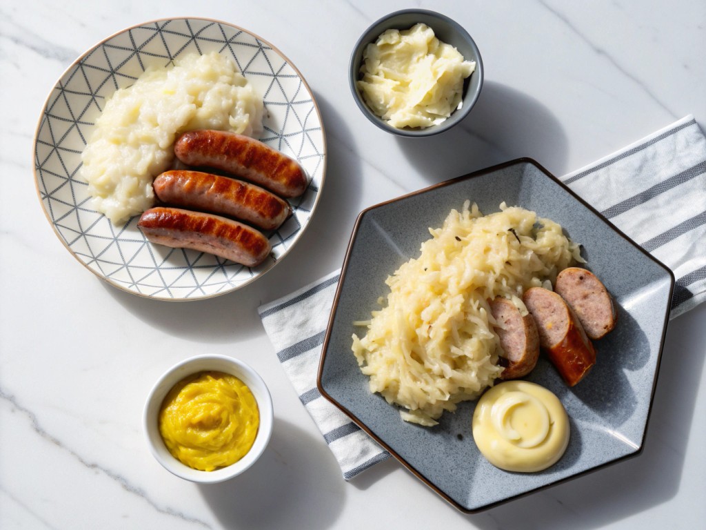 Bratwurst mit Sauerkraut, süßem Senf und Kartoffelbrei
