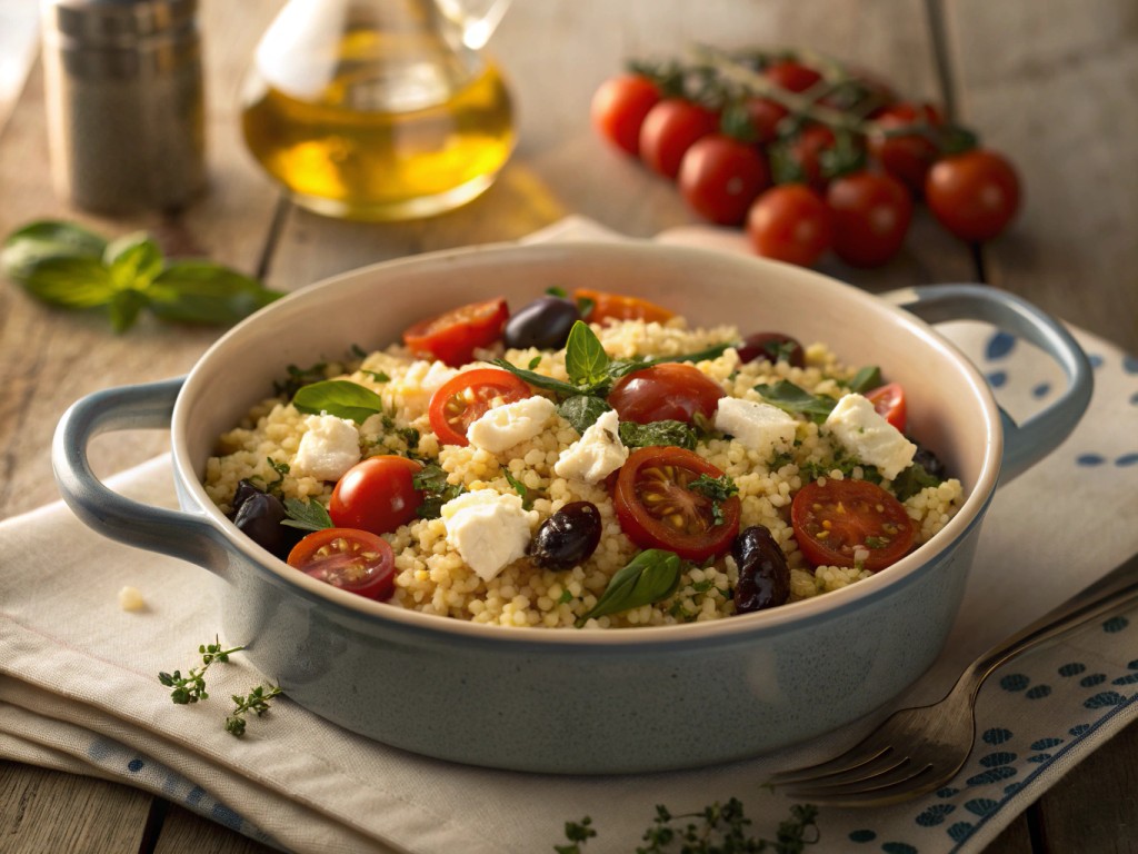 Ofen-Couscous mit Feta, Mini-Tomaten & Oliven