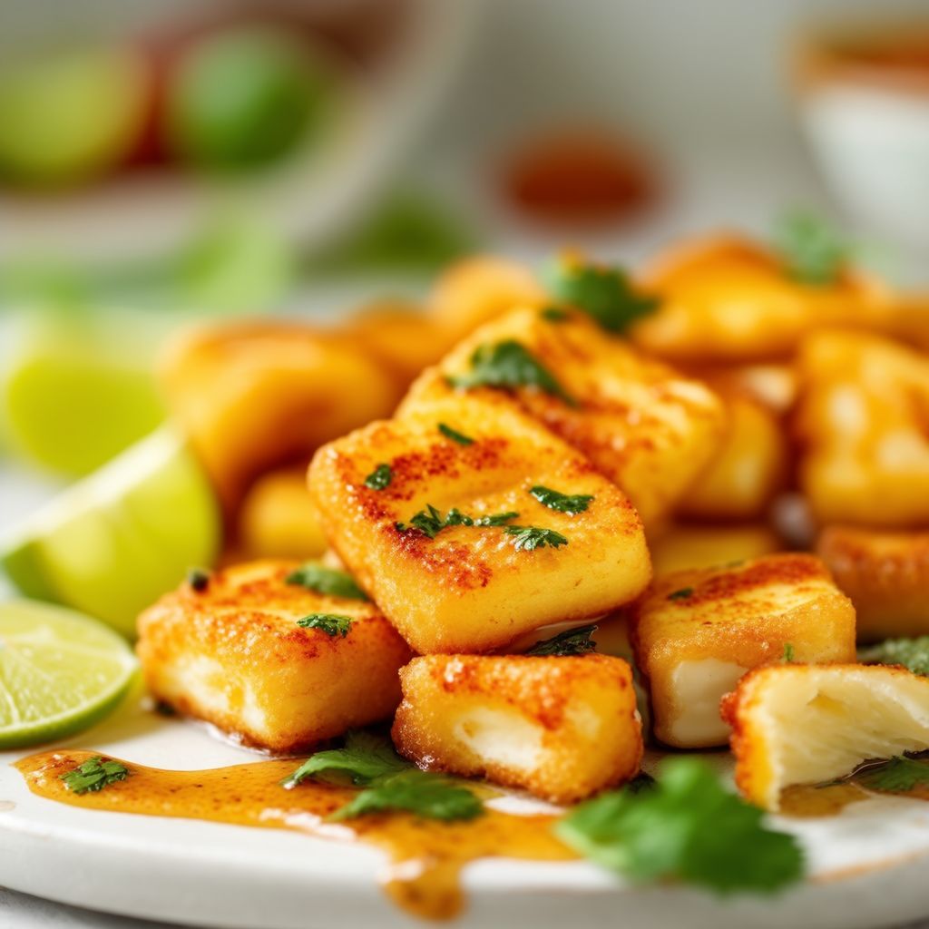 Goldene Halloumi-Häppchen mit spritzigem Limetten- und Kräuterdressing