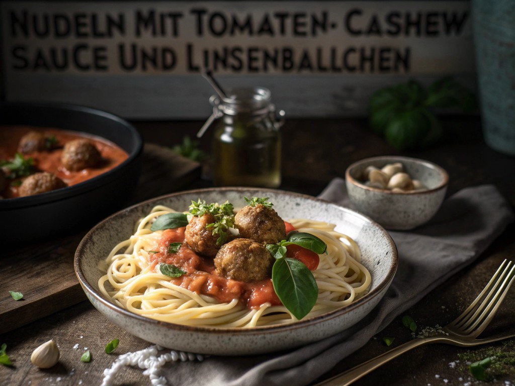 Nudeln mit Tomaten‑Cashew‑Sauce und Linsenbällchen