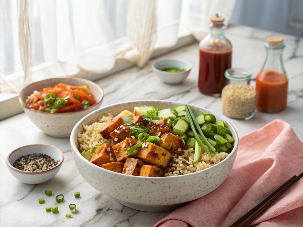 Korean Barbecue Tofu Bowls with Vegetables and Quinoa