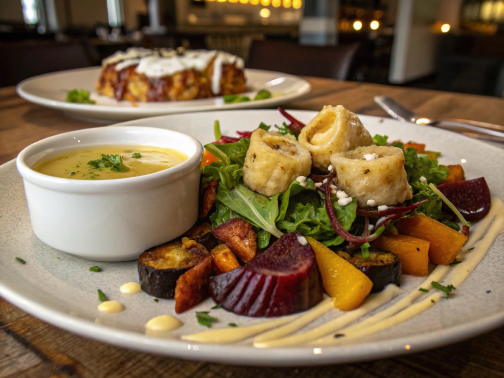 Maultaschen auf Wurzelgemüse‑Salat mit Schmelzzwiebeln und süßem Senf‑Dressing