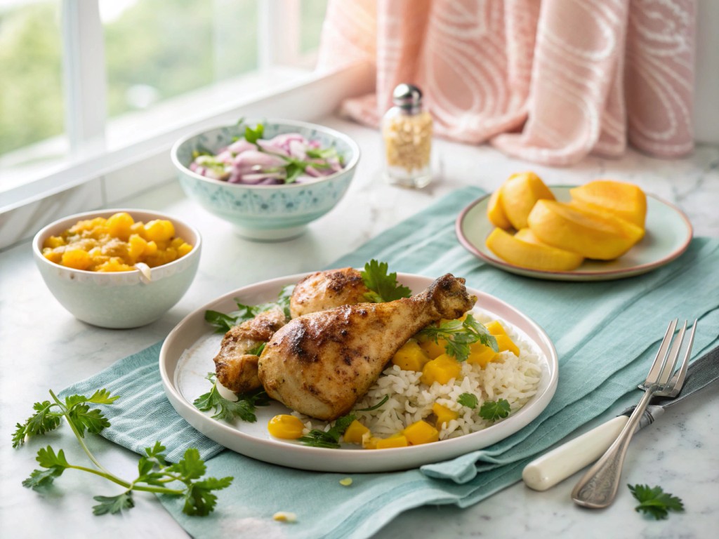 Mango-Chutney-Hähnchenschenkel mit Safranreis
