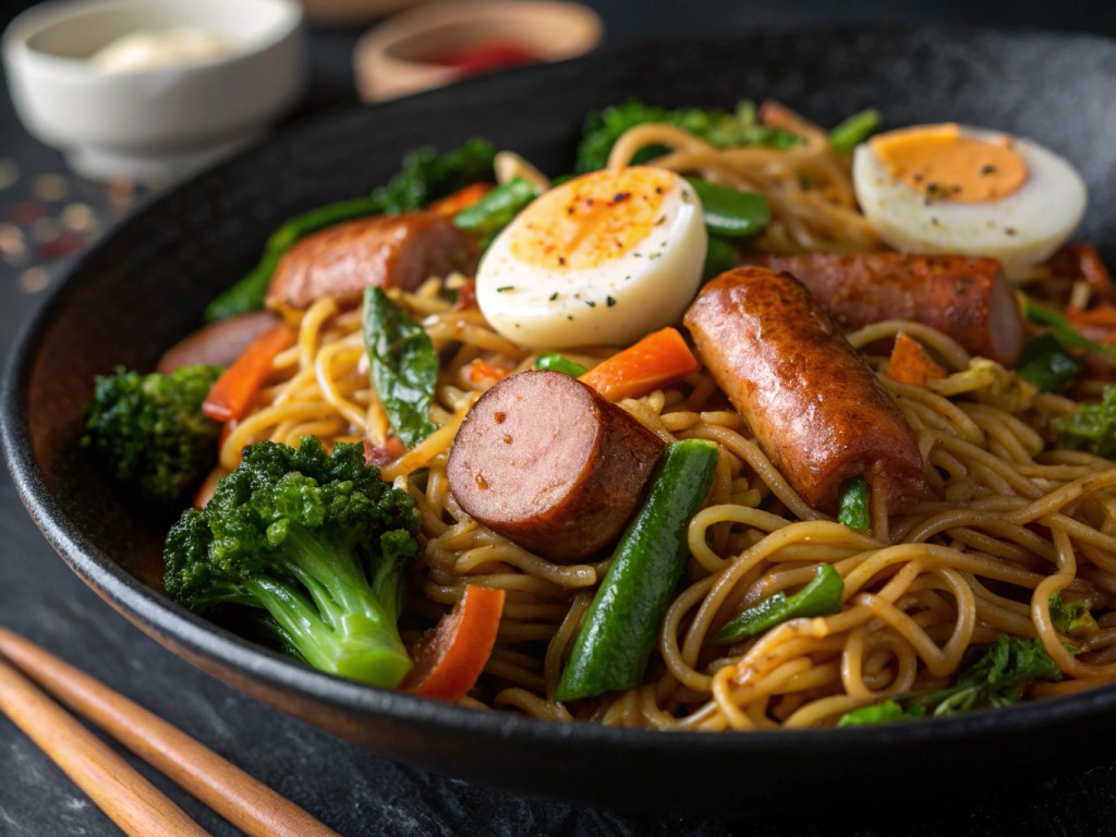 Gebratene Nudeln mit vegetarischen Würstchen