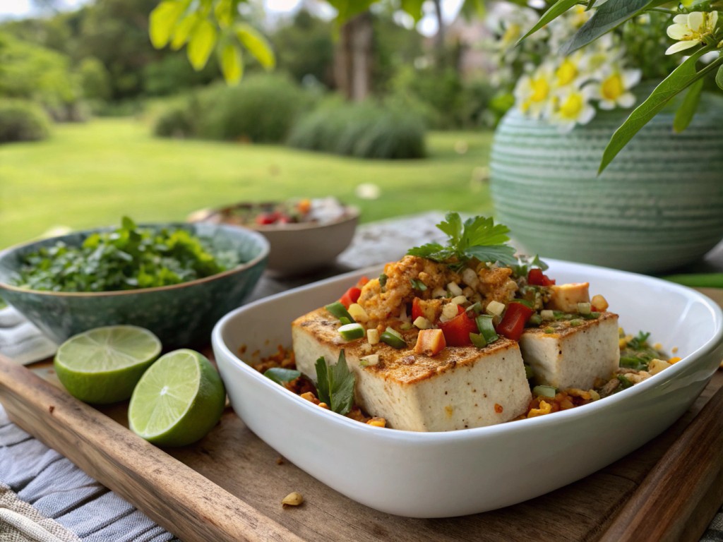 Kaltes Tofu mit Kokos-Ingwer-Limetten-Crisp