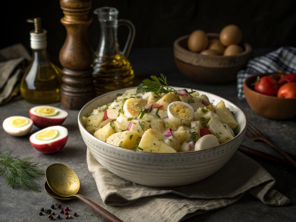 Kartoffelsalat mit Gewürzgurken und Apfel