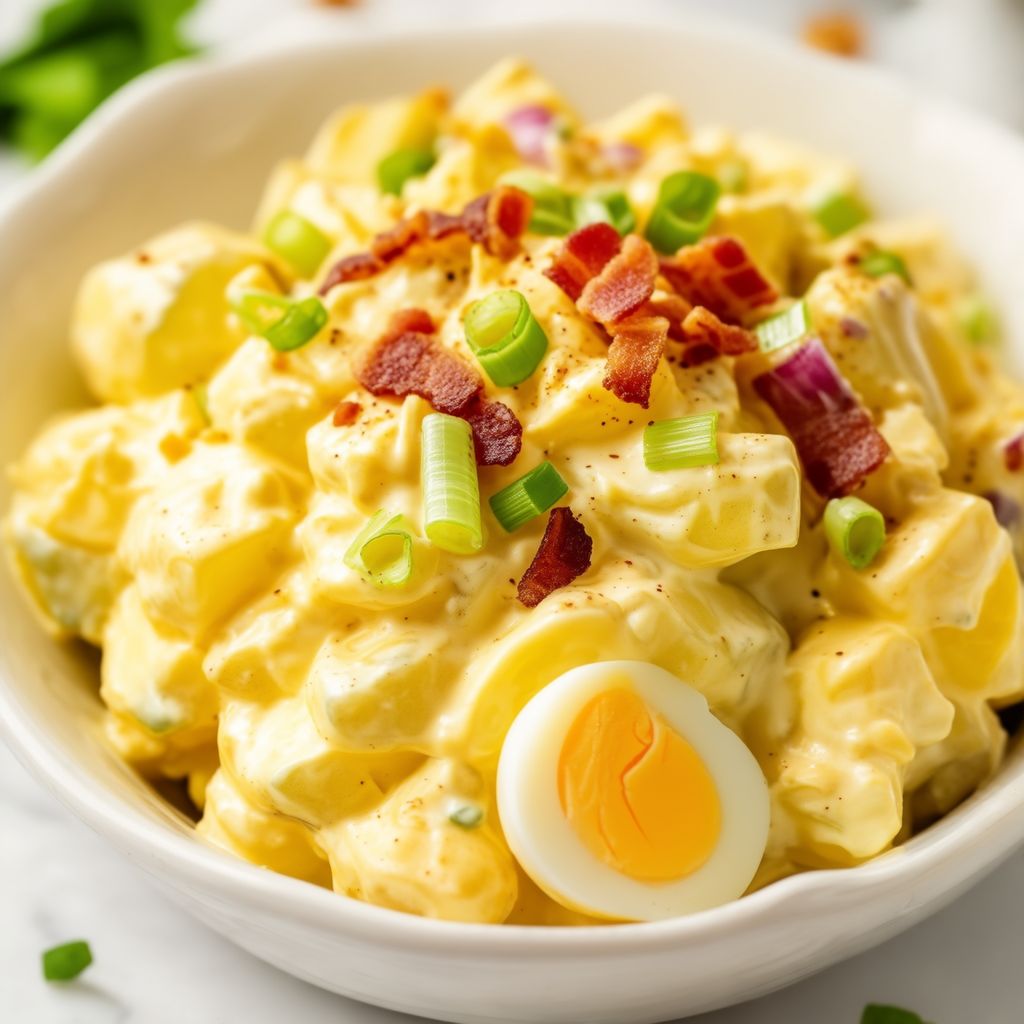 Cremiger Kartoffelsalat mit Senf und knusprigem Speck