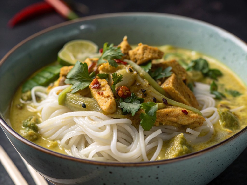 Thai-Curry mit Reisbandnudeln und Sojaschnetzel