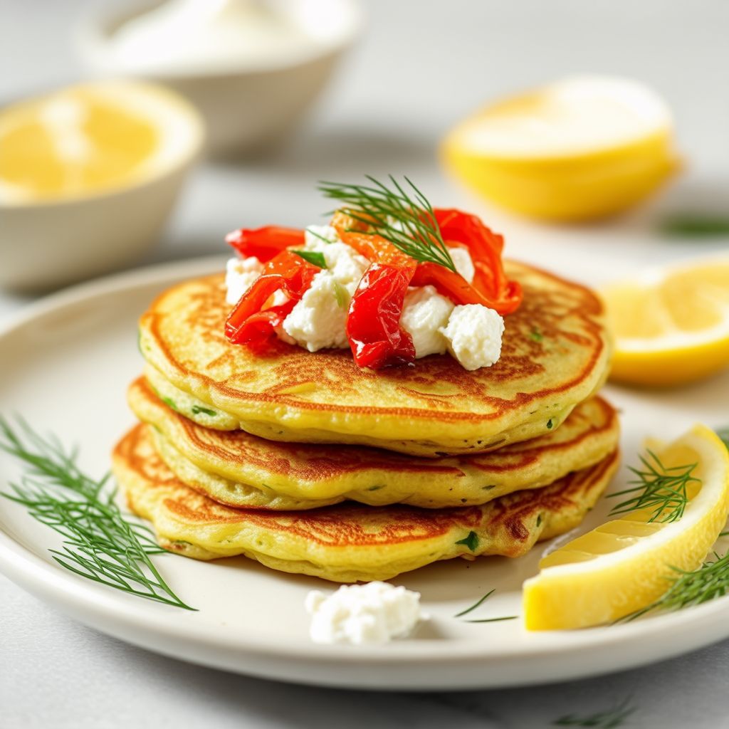 Savory Scallion Pancakes with Roasted Pepper and Creamy Cheese Topping