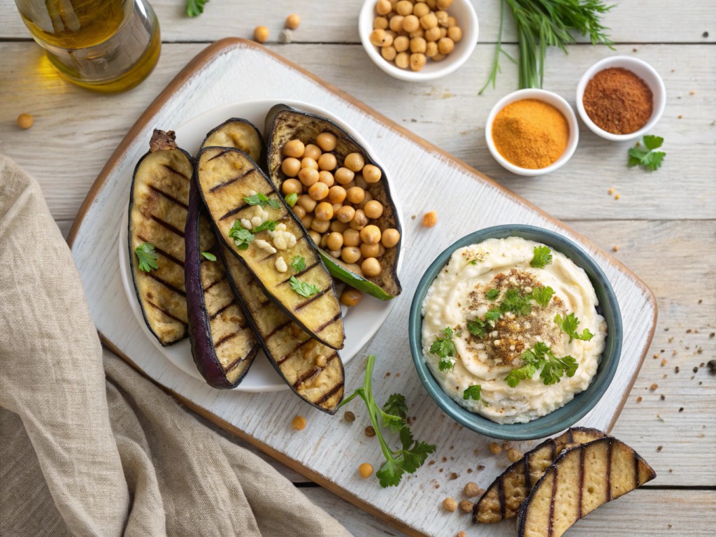 Auberginen mit Kichererbsen und Kräuter‑Feta