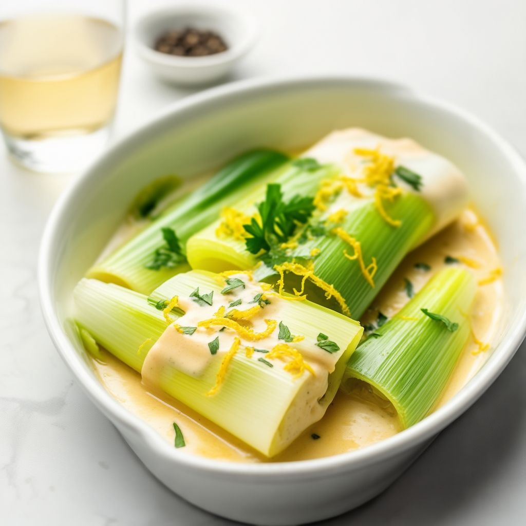 Weißwein geschmorte Lauch mit Zitronencremesauce