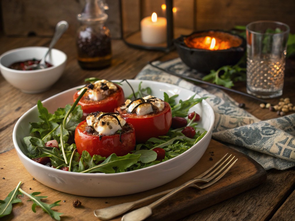 Schafskäse in der Tomate mit Kirschholzrauch auf Rucola