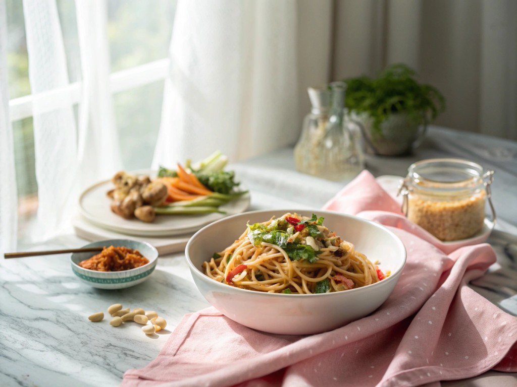 Asiatische Erdnuss‑Nudeln mit Gemüse