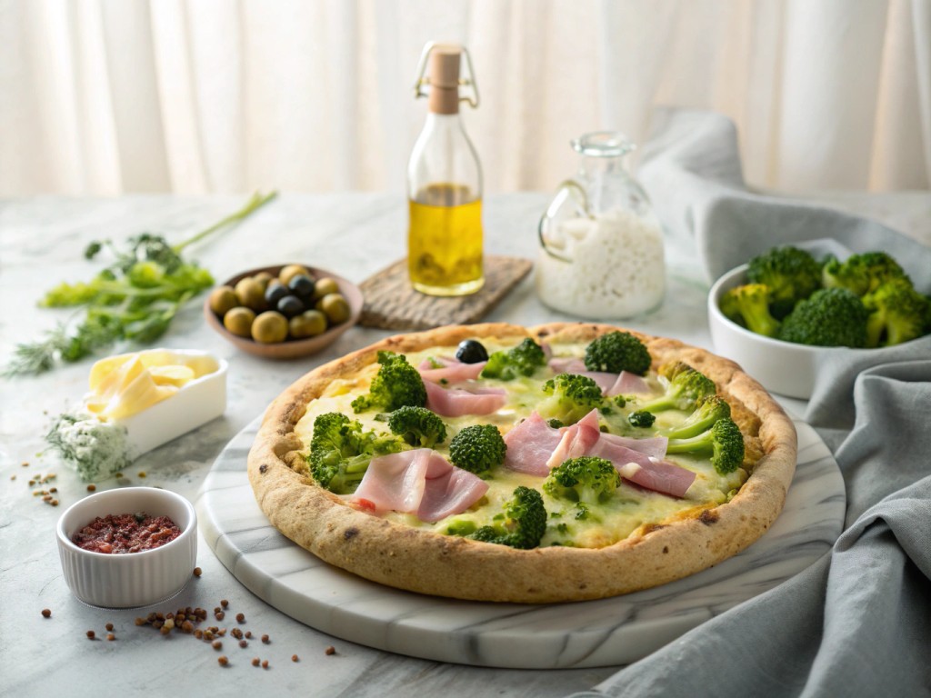 Brokkoli-Pizza mit Sauce Hollandaise und Schinken