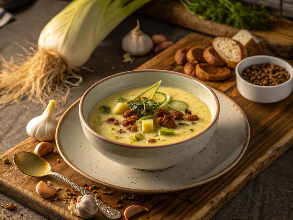 Käse-Lauch-Suppe mit veganem Hack