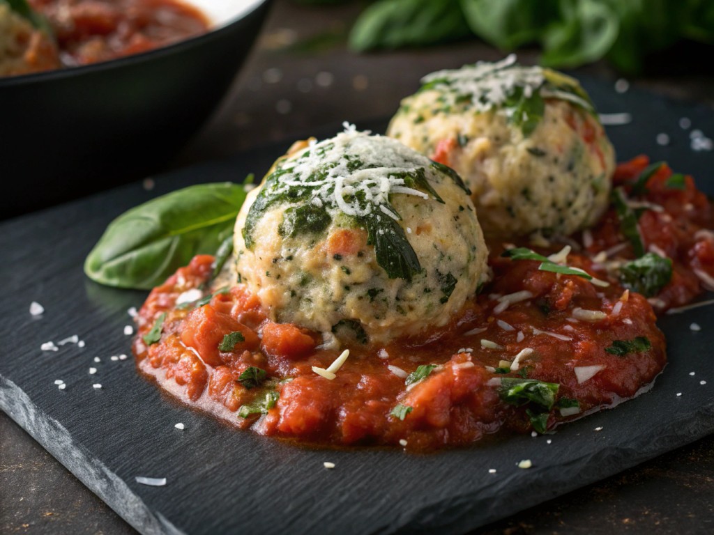 Spinat‑Käse‑Knödel auf Tomatenragout