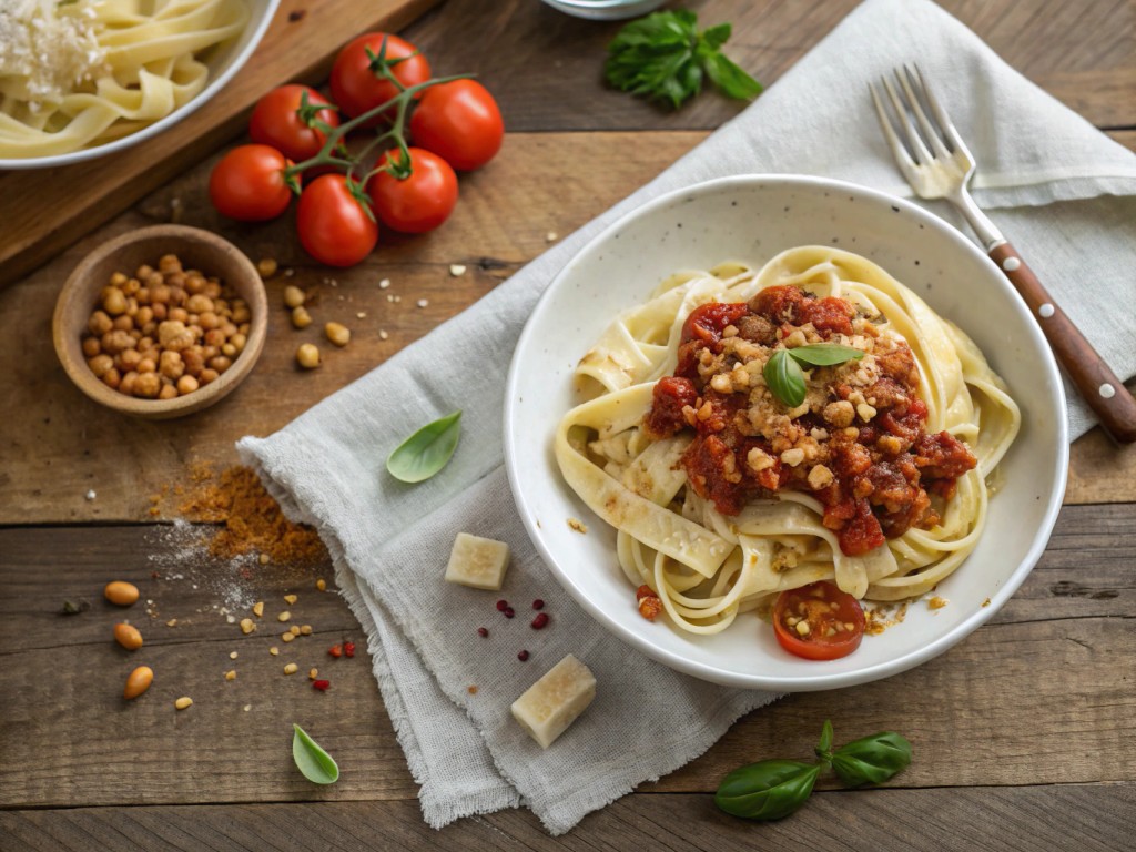 Selbstgemachte Fettuccine mit Bolognese und Tomaten‑Pinienkern‑Topping