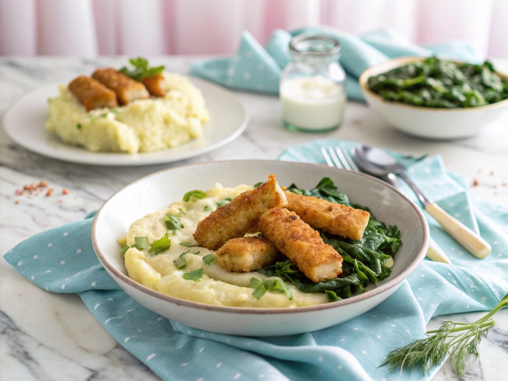 Fischstäbchen mit Kartoffelbrei und Spinat