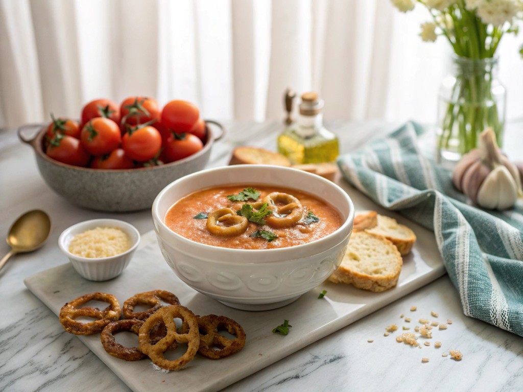 Ofen-Tomatensuppe mit Käse-Brezel-Topping