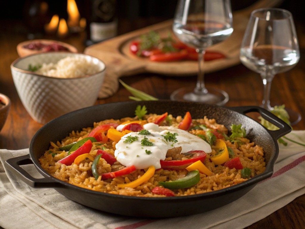 Paprika‑Reispfanne mit Joghurtsauce