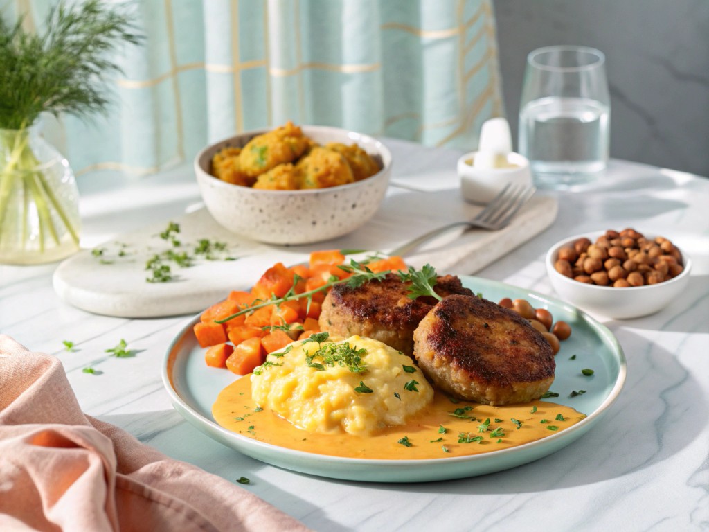 Kartoffel‑Möhren‑Stampf mit Senfsauce und Bratlingen