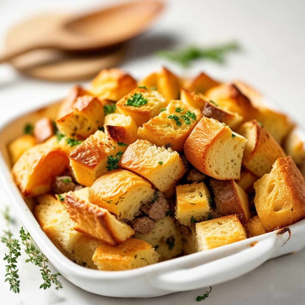 Herzhafter Kräuter- und Wurst-Sauerteig-Auflauf