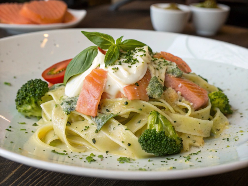 Mikrowellen-Tagliatelle mit Brokkoli, Lachs und Mozzarella