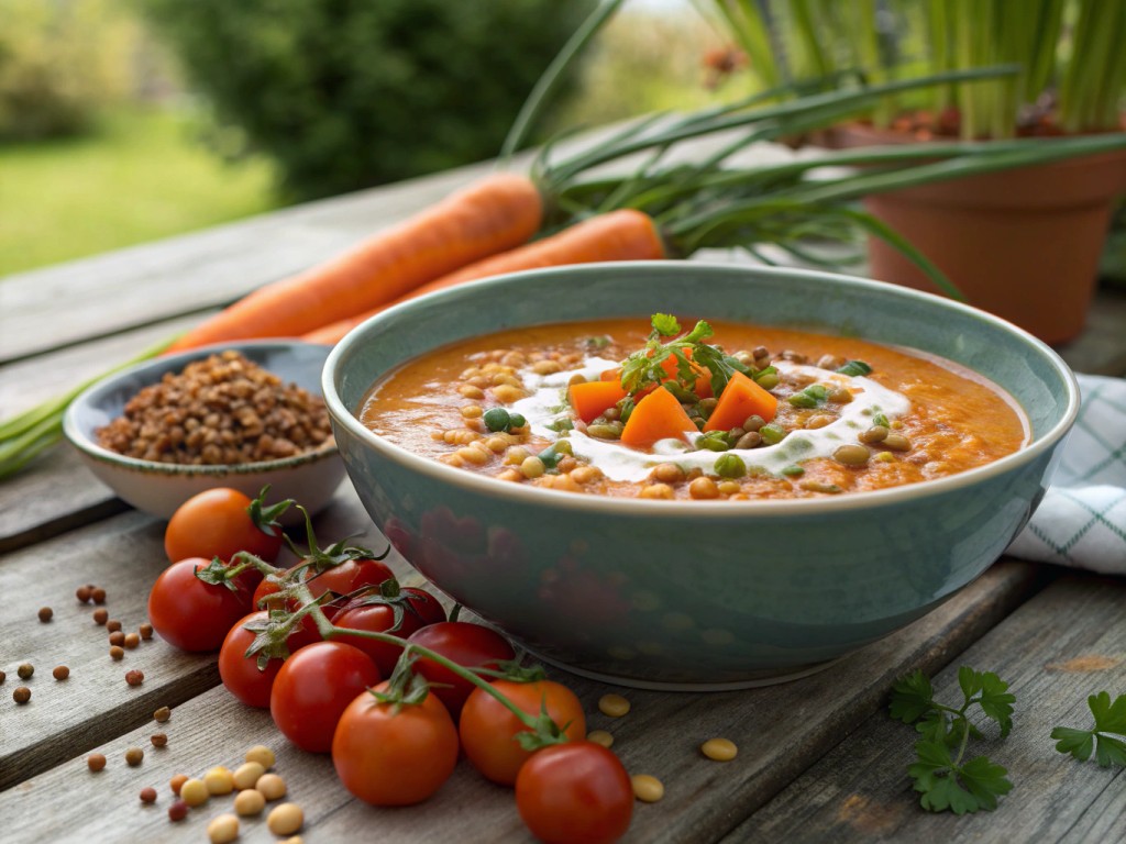 Kürbis‑Tomatensuppe mit Kokos und knusprigen Linsen