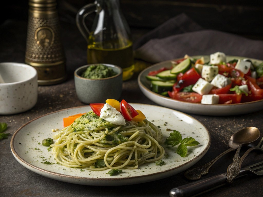 Spaghetti mit Pesto und Gemüsesalat mit Feta und Joghurtsauce